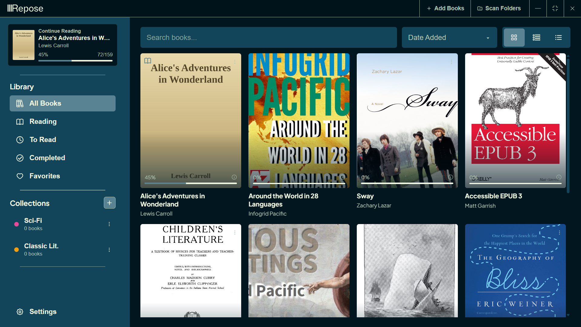 Repose library view on desktop